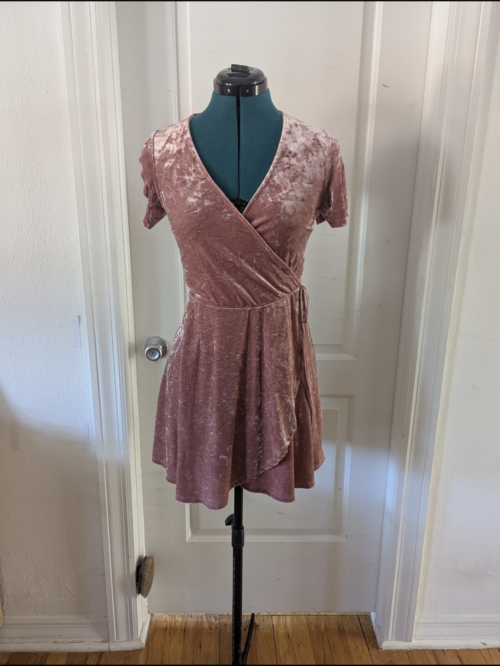 love, Fire Crushed Velvet Wrap Mini Dress - Dusty Pink
